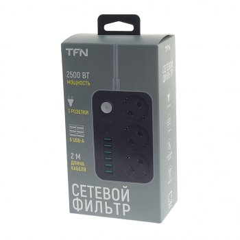 1 569 р. Фильтр сетевой 2м 10А 2500Вт 3 гнезда+ 6 USB с заземлением черный TFN TFN tfn-power7bk  с доставкой в г. Пермь. Увеличить фотографию 4
