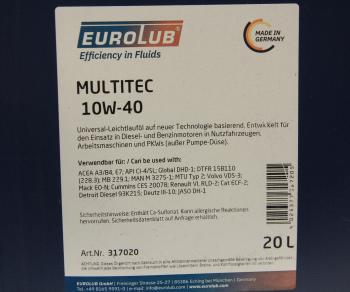16 999 р. Масло дизельное MULTITEC CI-4E7 10W40 псинт.20л EUROLUB EUROLUB 317020  с доставкой в г. Пермь. Увеличить фотографию 2