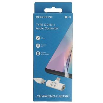 274 р. Переходник USB Type C на jack 3.5 + зарядка белый BOROFONE BOROFONE bv8 white  с доставкой в г. Пермь. Увеличить фотографию 3