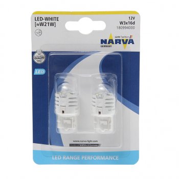 1 289 р. Лампа светодиодная 12V W21W 1.75W W3x16d 6500K блистер (2шт.) White Range Perfomance LED NARVA NARVA 180994000  с доставкой в г. Пермь. Увеличить фотографию 1