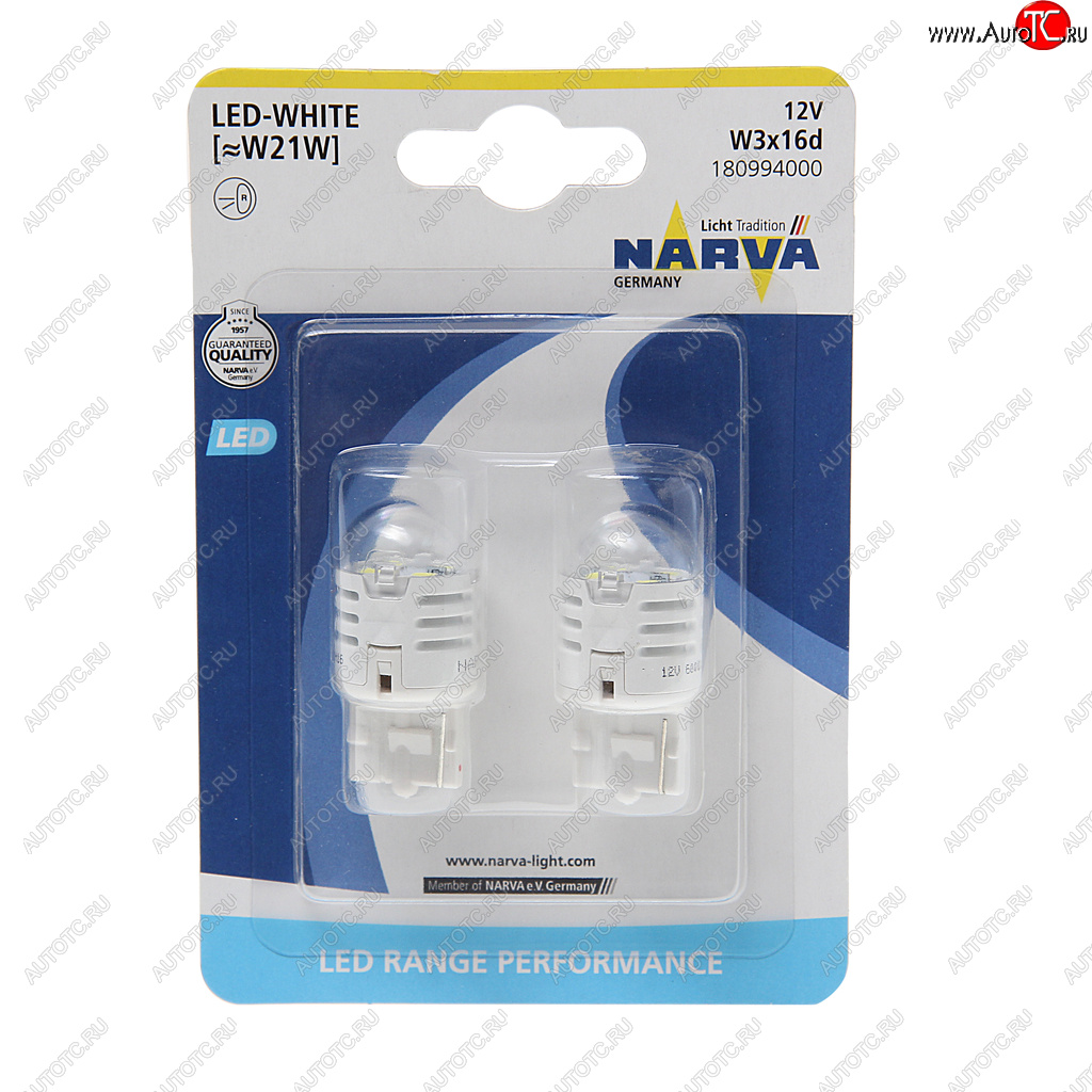 1 289 р. Лампа светодиодная 12V W21W 1.75W W3x16d 6500K блистер (2шт.) White Range Perfomance LED NARVA NARVA 180994000  с доставкой в г. Пермь