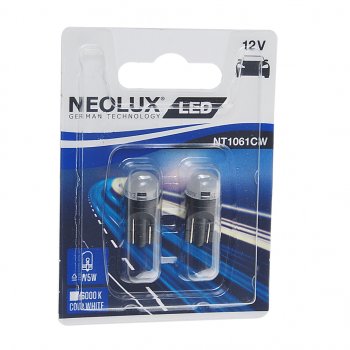 729 р. Лампа светодиодная 12V W5W T10W W2.1x9.5d 6000K 35лм блистер (2шт.) LED Cool White NEOLUX NEOLUX nt1061cw-02b  с доставкой в г. Пермь. Увеличить фотографию 1