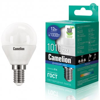 184 р. Лампа светодиодная E14 G45 12W (100W) 220V холодный CAMELION CAMELION c-led12-g45865e14  с доставкой в г. Пермь. Увеличить фотографию 1