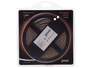 1 169 р. Лента светодиодная гибкая 6.5W 5м IP65 24V теплый белый (блистер) GAUSS GAUSS 311000165 GAUSS 311000165  с доставкой в г. Пермь. Увеличить фотографию 1