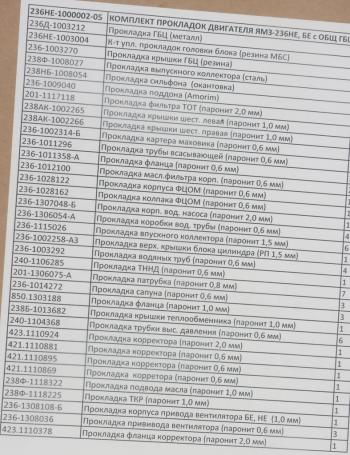 4 489 р. Прокладка двигателя ЯМЗ-236НЕ,БЕ комплект общ. ГБЦ (33 наименования) РД РУССКИЙ ДВИГАТЕЛЬ 236не-1000002-05  с доставкой в г. Пермь. Увеличить фотографию 7