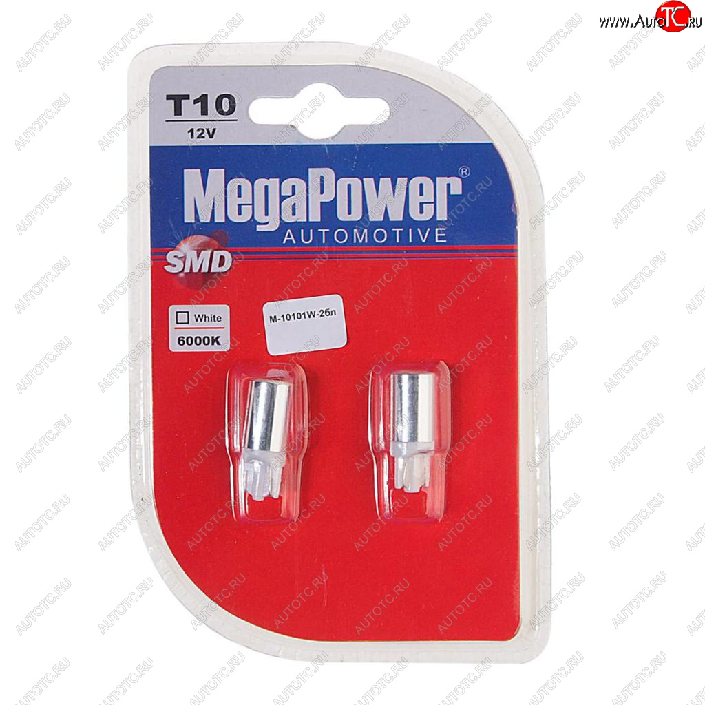 62 р. Лампа светодиодная 12V W5W T10 W2.1x9.5d 6000K блистер (2шт.) MEGAPOWER MEGAPOWER-AUTOMOTIVE 10101w-2бл  с доставкой в г. Пермь
