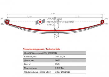 10 999 р. Лист рессоры КАМАЗ-3297 передней №1 L=1662мм ЧМЗ ЧМЗ 3297-2902015  с доставкой в г. Пермь. Увеличить фотографию 1