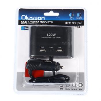 439 р. Разветвитель прикуривателя 3-х гнездовой 12-24V 3USB OLESSON OLESSON no.1653  с доставкой в г. Пермь. Увеличить фотографию 1