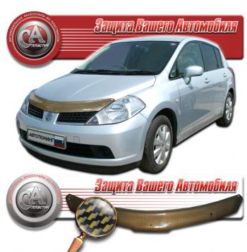 Дефлектор капота (правый руль) CA-Plastiс Nissan Tiida  1 хэтчбэк (2004-2012) C11 дорестайлинг, Япония, C11 рестайлинг, Япония (серия Шелкография карбон золото)