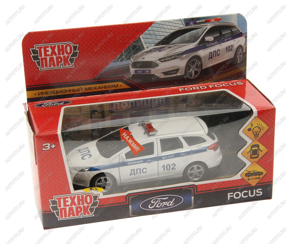 1 559 р. Модель автомобиля FORD Focus металлическая (свет, звук) ТЕХНОПАРК ТЕХНОПАРК focus-12slpol-wh  с доставкой в г. Пермь