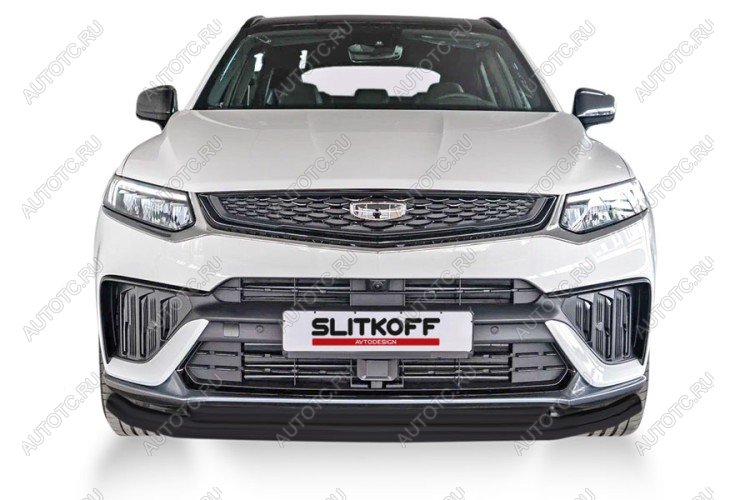 10 699 р. Защита переднего бампера d57+d57 двойная Slitkoff Geely Tugella FY11,HPBA4 рестайлинг (2022-2025) ( Сталь с полимерным покрытием в цвет черный)  с доставкой в г. Пермь