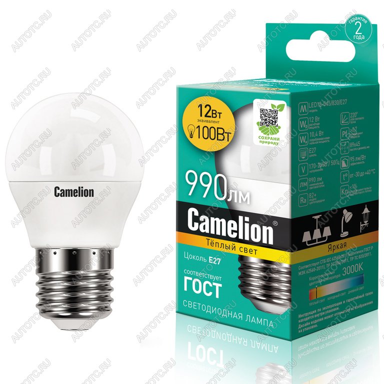 162 р. Лампа светодиодная E27 G45 12W (100W) 220V теплый CAMELION CAMELION c-led12-g45830e27 CAMELION c-led12-g45830e27  с доставкой в г. Пермь