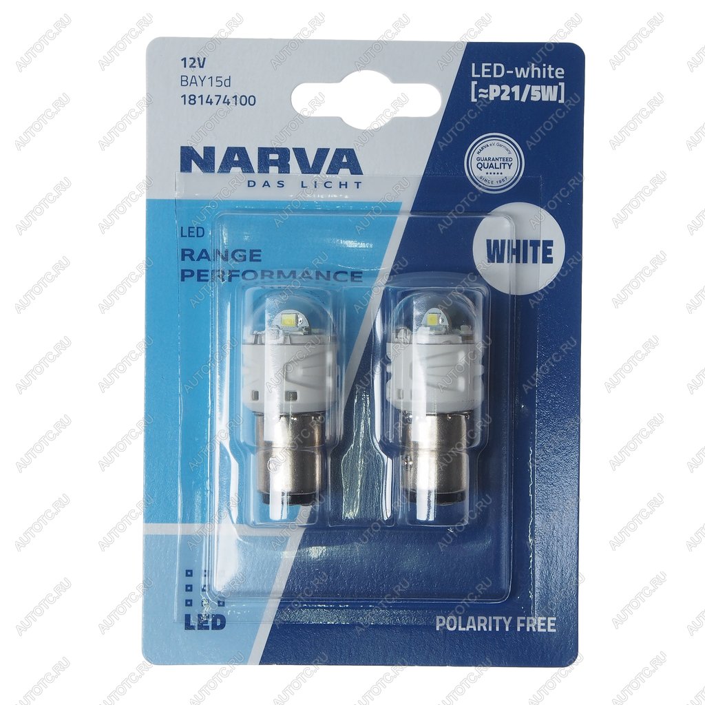 1 069 р. Лампа светодиодная 12V P21/5W BAY15d блистер (2шт.) LED NARVA NARVA 18147-2бл NARVA 18147-2бл  с доставкой в г. Пермь