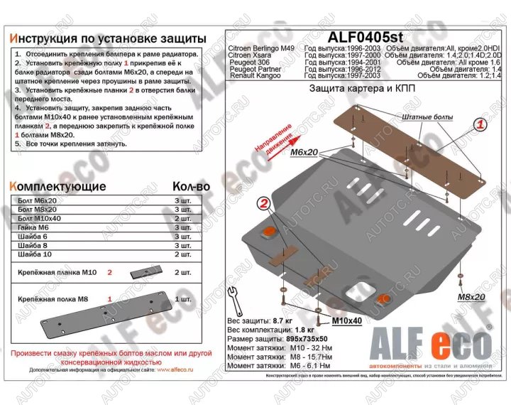 10 299 р. Защита картера и кпп V-1.2 1.4 ALFECO Renault Kangoo KC 1- дорестайлинг (1997-2003) (алюминий 4 мм)  с доставкой в г. Пермь