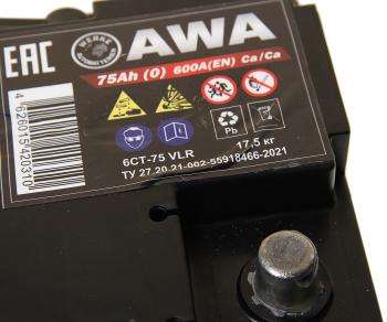 10 199 р. Аккумулятор AWA PRO 75Ач обратная полярность AWA 6ст75(0)  с доставкой в г. Пермь. Увеличить фотографию 2