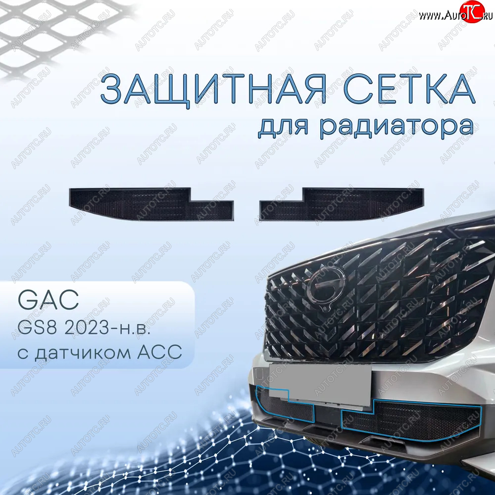 2 899 р. Защитная сетка в бампер (низ, чёрная, с датчиком ACC, 2 части) Alfeco Стандарт  GAC GS8 (2016-2023) (Чёрная)  с доставкой в г. Пермь