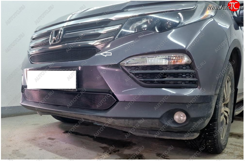 2 169 р. Защитная сетка в бампер (верх, ячейка 3х7 мм) Alfeco Стандарт Honda Pilot YF6 дорестайлинг (2016-2019) (Чёрная)  с доставкой в г. Пермь