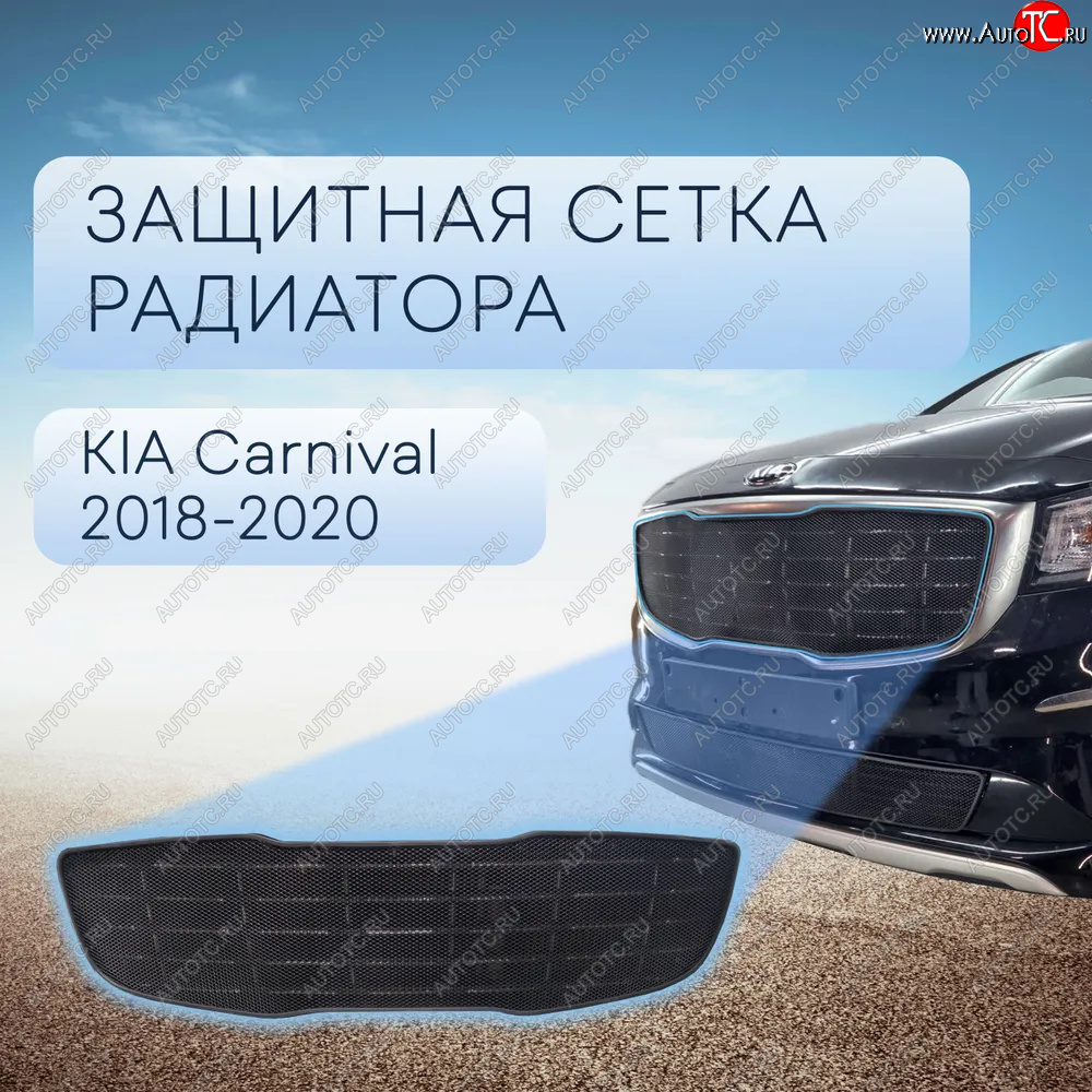 3 999 р. Защитная сетка в бампер (верх, ячейка 3х7 мм) Alfeco Стандарт  KIA Carnival  YP (2018-2020) минивэн рестайлинг (Чёрная)  с доставкой в г. Пермь
