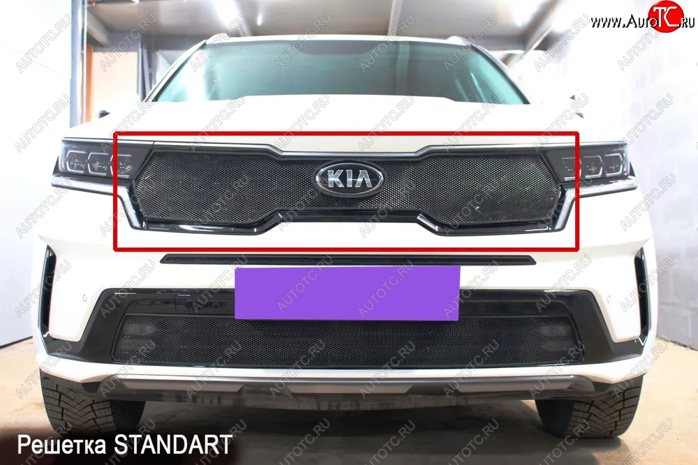 3 799 р. Защитная сетка в бампер (верх, ячейка 3х7 мм) Alfeco Стандарт  KIA Sorento  MQ4 (2020-2022) (Чёрная)  с доставкой в г. Пермь
