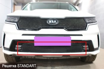 Защитная сетка в бампер (низ, с ПТФ, ячейка 3х7 мм) Alfeco Стандарт KIA Sorento  MQ4 (2020-2022) (Чёрная)