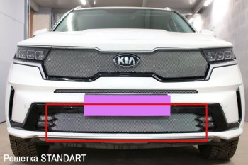 Защитная сетка в бампер (низ, с ПТФ, ячейка 3х7 мм) Alfeco Стандарт KIA Sorento  MQ4 (2020-2022) (Хром)