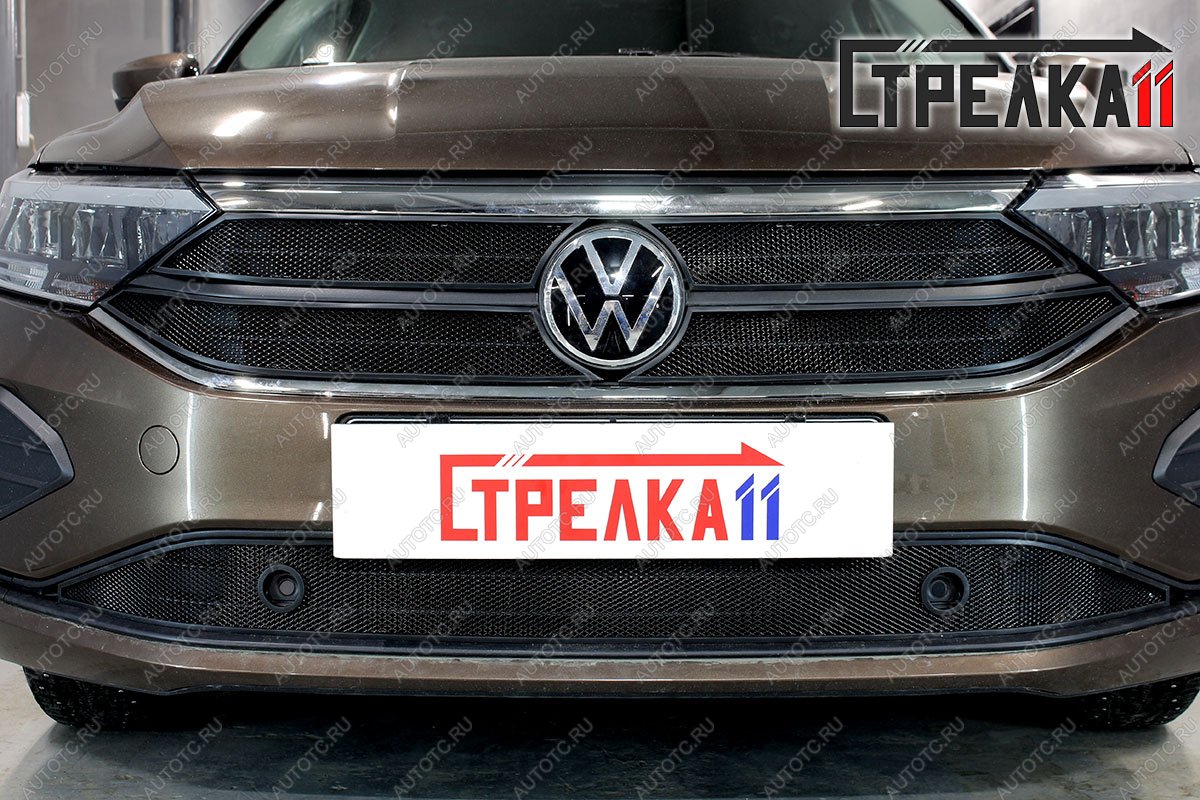 5 749 р. Защита радиатора (верх 4 части) (Origin, Respect, Status) Стрелка11 Стандарт Volkswagen Polo Mk6 лифтбек (2020-2022) (черная)  с доставкой в г. Пермь