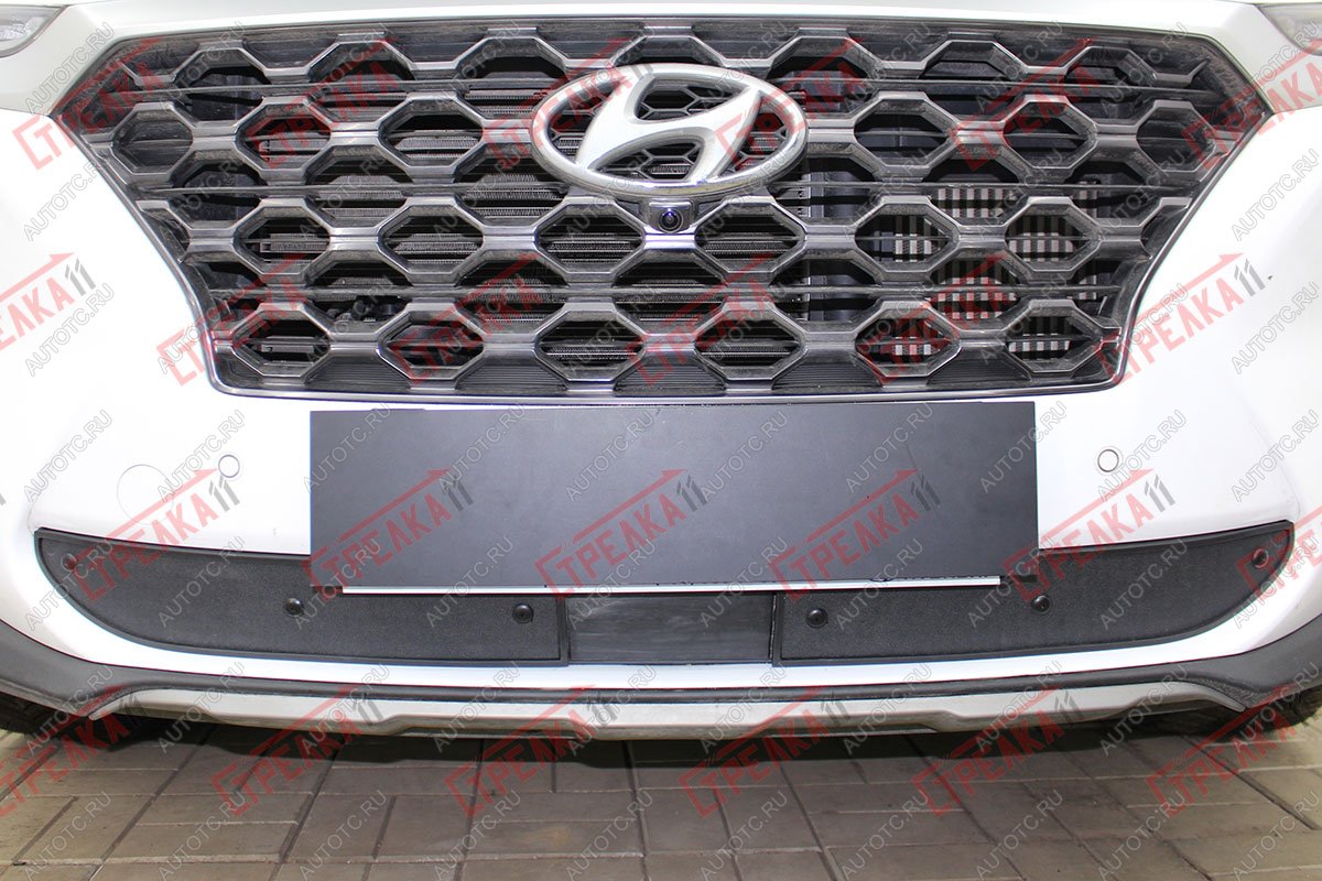 759 р. Зимняя заглушка решетки радиатора (с датчиком ACC низ) Стрелка11 Hyundai Santa Fe TM дорестайлинг (2018-2021) (черная)  с доставкой в г. Пермь