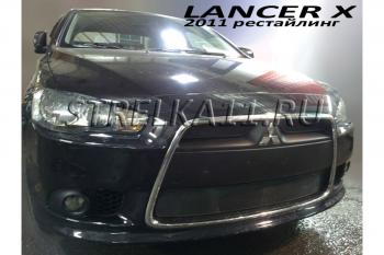 759 р. Зимняя заглушка решетки радиатора (низ) Стрелка11 Mitsubishi Lancer 10 CY седан рестайлинг (2011-2017) (черная)  с доставкой в г. Пермь. Увеличить фотографию 2