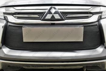759 р. Зимняя заглушка решетки радиатора (низ с парктроником) Стрелка11 Mitsubishi Pajero Sport QE дорестайлинг (2015-2021) (черная)  с доставкой в г. Пермь. Увеличить фотографию 2