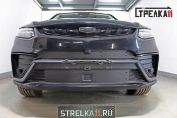 Зимняя защита на стяжке (низ с датчиком ACC) Стрелка11 Geely Tugella  FY11,HPBA4 (2019-2023) дорестайлинг (черная)