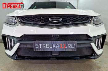 Защита радиатора (низ, с датчиками) Стандарт Geely Tugella  FY11,HPBA4 (2022-2025) рестайлинг (черная)