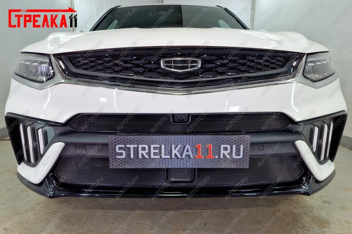 3 199 р. Защита радиатора (низ, с датчиками) Стандарт Geely Tugella FY11,HPBA4 рестайлинг (2022-2025) (черная)  с доставкой в г. Пермь