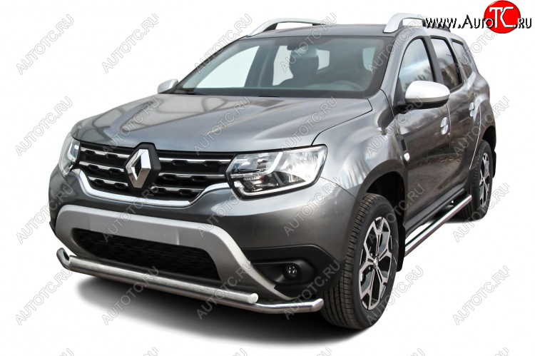12 599 р. Защита переднего бампера Slitkoff (Ø57 и 42 мм).  Renault Duster  HM (2021-2024) рестайлинг (Полированная нержавейка)  с доставкой в г. Пермь