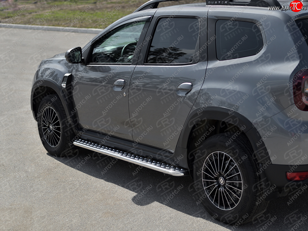 13 099 р. Порожки для ног Russtal (Ø42 мм) Renault Duster HM рестайлинг (2021-2024) (лист - алюминий, профиль - нержавейка)  с доставкой в г. Пермь
