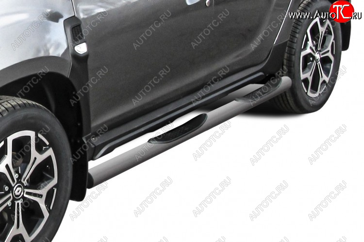 12 399 р. Защита порогов Slitkoff (Ø76 мм, с проступями)  Renault Duster  HM (2021-2024) рестайлинг (Сталь окрашенная, цвет серебристый)  с доставкой в г. Пермь
