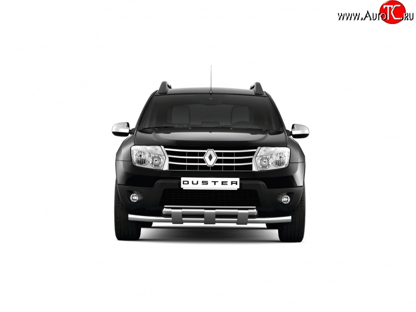 27 199 р. Защита переднего бампера PT GROUP двойная с пластинами Ø63/63мм (НПС) RENAULT Duster 2016-  Renault Duster  HS (2015-2021) рестайлинг (Нержавеющая полированная сталь)  с доставкой в г. Пермь