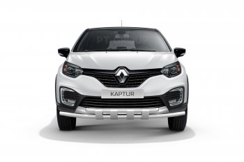 Защита переднего бампера двойная с пластинами из труб d63/63 мм Petroil Tuning Renault Kaptur (2016-2020) дорестайлинг (Нержавеющая полированная сталь)
