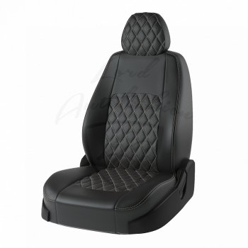 Чехлы для сидений Lord Autofashion Турин Ромб (экокожа) Renault Logan 1 рестайлинг (2010-2016) (Чёрный, вставка чёрная, строчка бежевая)