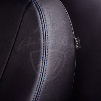 9 449 р. Чехлы для сидений Lord Autofashion Турин Ромб (экокожа, раздельная спинка)  Renault Logan  2 (2014-2018) дорестайлинг (Черный, вставка черная, строчка синяя)  с доставкой в г. Пермь. Увеличить фотографию 2