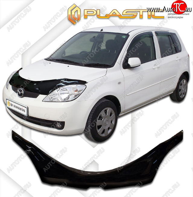 2 599 р. Дефлектор капота (exclusive) CA-Plastic  Mazda Demio  2 DY (2005-2007) рестайлинг (Classic чёрный, Без надписи)  с доставкой в г. Пермь