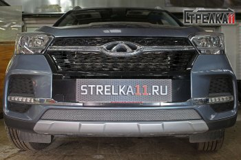 Защитная сетка радиатора в бампер (ячейка 3х7 мм) Стрелка11 Стандарт Chery Tiggo 4 1-ый рестайлинг (2018-2023) (хром)