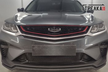 Защитная сетка радиатора в бампер (ячейка 3х7 мм) Стрелка11 Стандарт Geely Coolray  SX11 (2018-2023) дорестайлинг (черная)