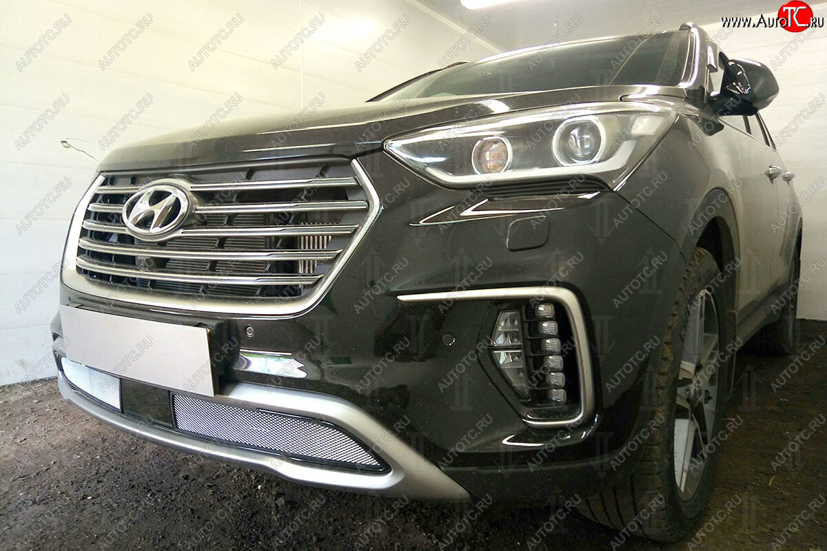 3 279 р.           Защита радиатора Hyundai Grand Santa Fe I 2015- (2 части) с датчиком ACC chrome  Hyundai Grand Santa Fe  1 DM (2016-2018) рестайлинг (хром)  с доставкой в г. Пермь