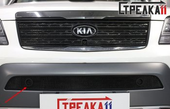 Защитная сетка радиатора в бампер (ячейка 3х7 мм, низ, под парктроники) Стрелка11 Стандарт KIA Mohave  HM (2017-2020) рестайлинг (черная)