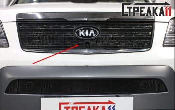 Защитная сетка радиатора в бампер (ячейка 3х7 мм, верх, под камеру) Стрелка11 Стандарт KIA Mohave  HM (2017-2020) рестайлинг (черная)