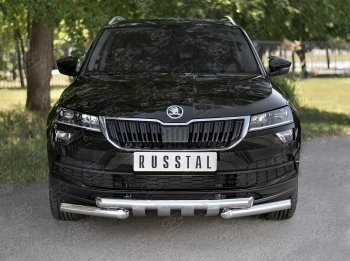 Защита переднего бампера (2 трубы Ø63 мм, нержавейка) SLITKOFF Skoda Karoq  NU7 (2017-2021) дорестайлинг