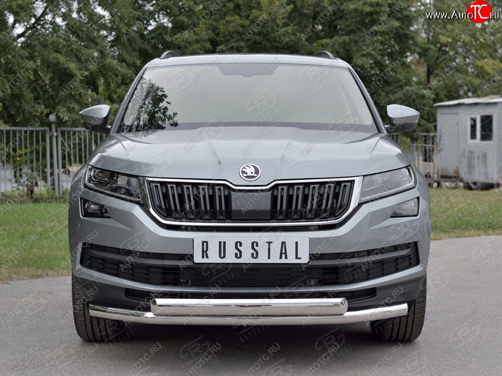 16 249 р. Защита переднего бампера (2 трубы Ø63 и 75х42 мм, нержавейка) Russtal Skoda Kodiaq NU7 дорестайлинг (2017-2021)  с доставкой в г. Пермь