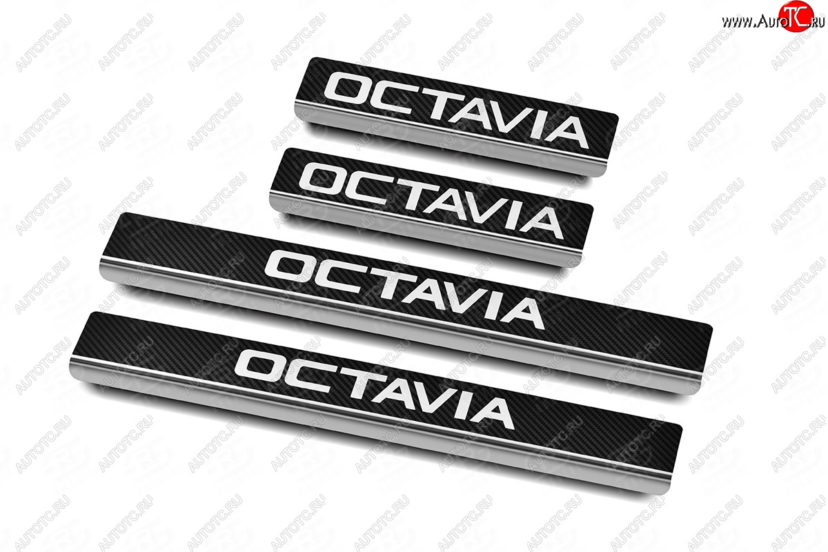 2 359 р. Накладки порожков салона Russtal Skoda Octavia А8 лифтбэк (2019-2022) (нержавейка с карбоновым покрытием и надписью)  с доставкой в г. Пермь