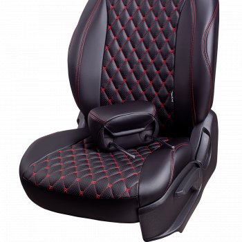 13 949 р. Чехлы для сидений (комплектация Ambition) Lord Autofashion Байрон (экокожа, 60/40, без подлокотника, 3 Г-образных подголовника)  Skoda Octavia  A7 (2012-2020) дорестайлинг лифтбэк, дорестайлинг универсал, рестайлинг лифтбэк, рестайлинг универсал (Черный, вставка черная, строчка красная)  с доставкой в г. Пермь. Увеличить фотографию 5