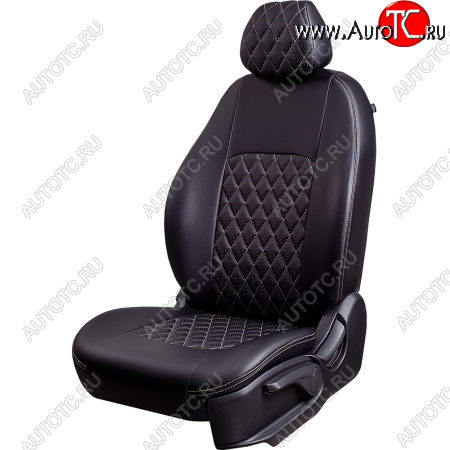 9 449 р. Чехлы для сидений Lord Autofashion Турин Ромб (экокожа, спинка 60/40+подлокотник, 3 Г-образных подголовника)  Skoda Rapid ( NH3,  NH1) (2012-2020), Volkswagen Polo  Mk6 (2020-2022) (Черный, вставка черная, строчка бежевая)  с доставкой в г. Пермь